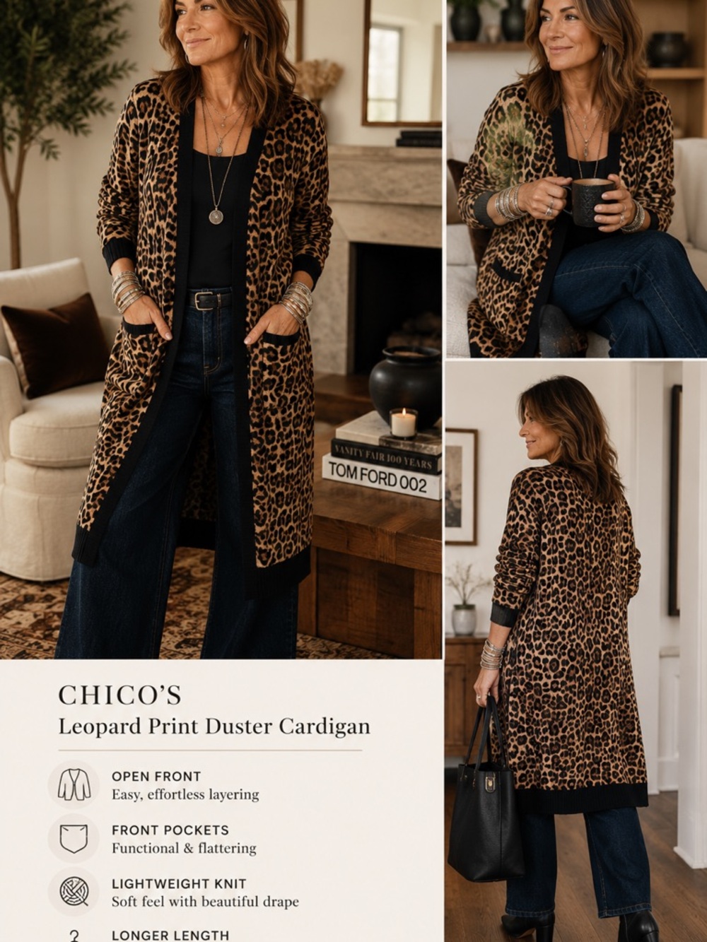 Chico’s Leopard Print Duster Cardigan Open Front Sweater Medium